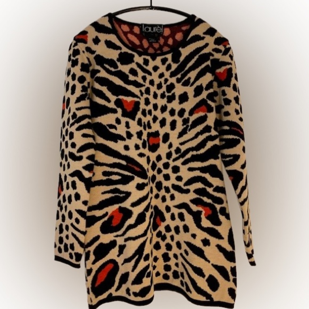 Vintage 80s Escada Laurel Animal Print Wool Knit Sweater and Skirt Set Sz S